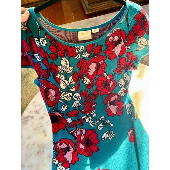Anthropologie Maeve Allison Teal Floral Knit Sweater Dress Sz Small EUC Holiday - Picture 5 of 8